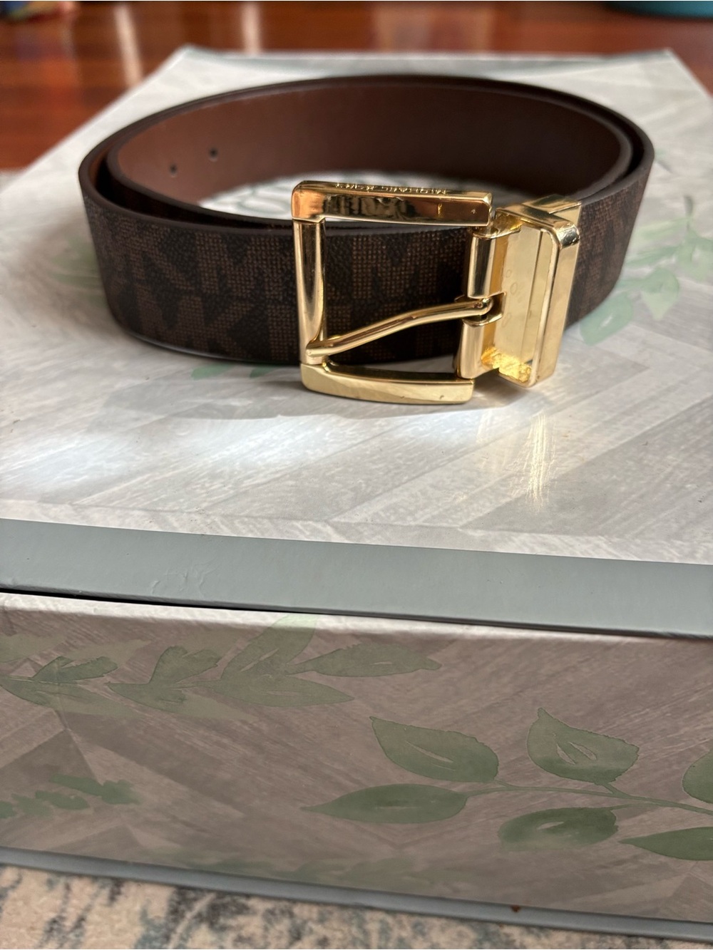 Michael Kors Reversible MK Logo Belt Brown Signature Gold Buckle